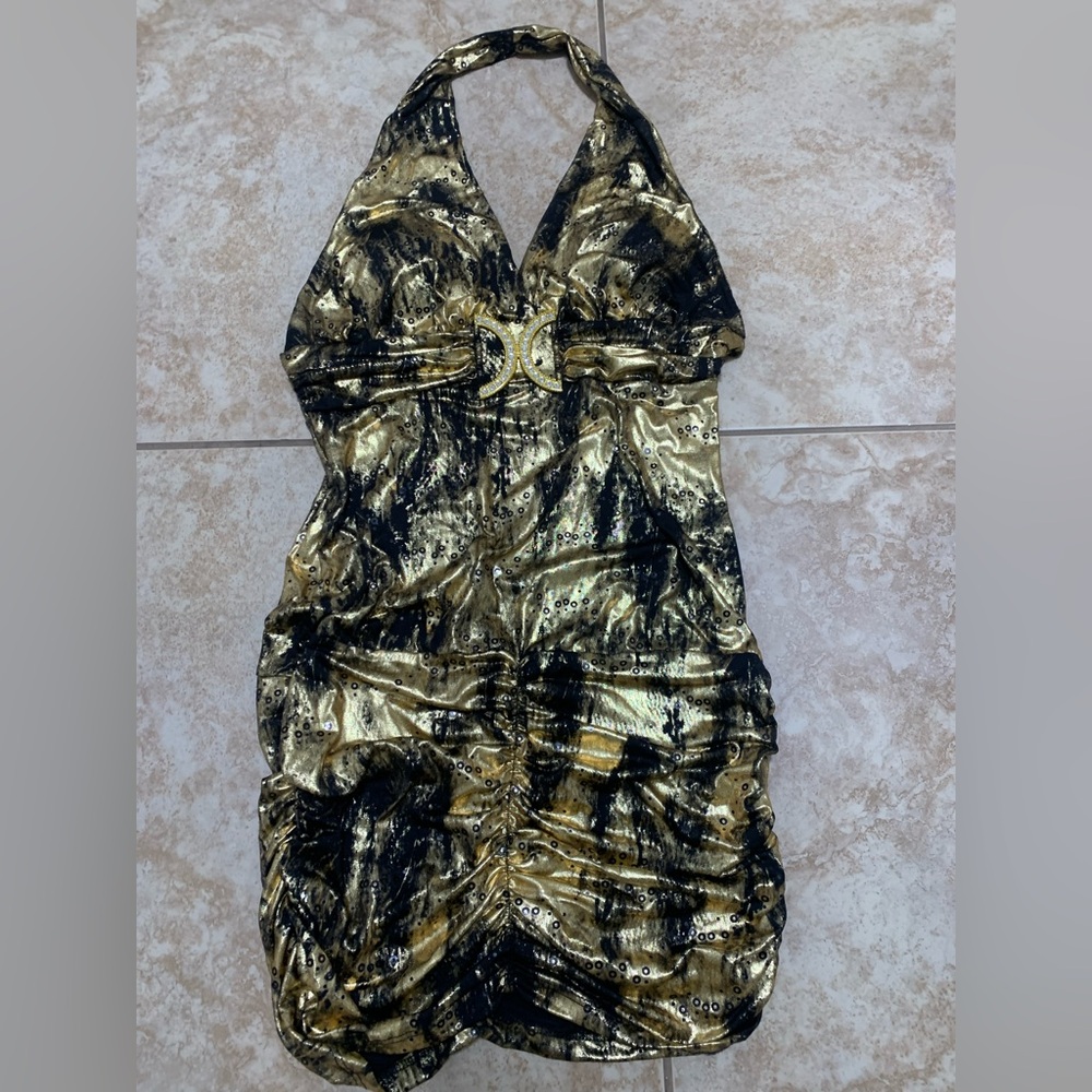 Janice Gold and Black Halter Dress